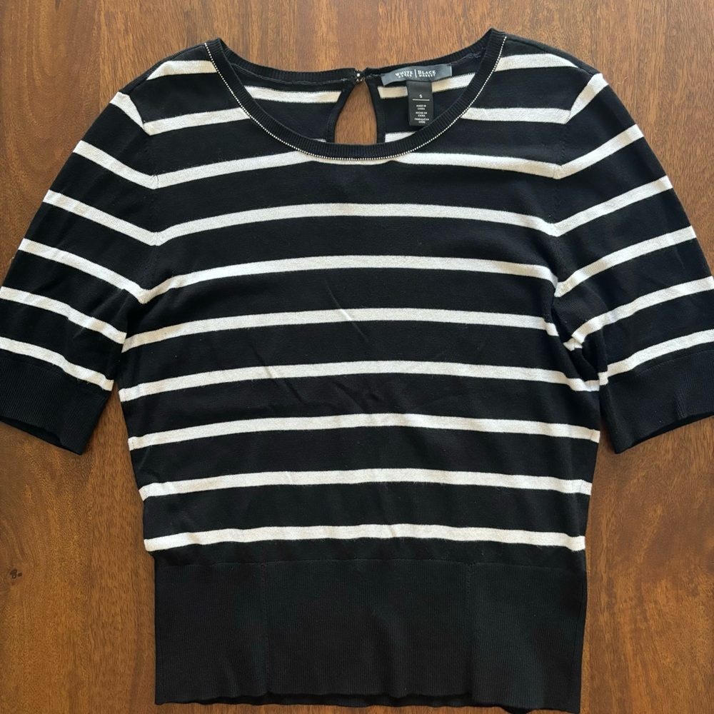 WHBM Black White Stripe Short Sleeve Sweater